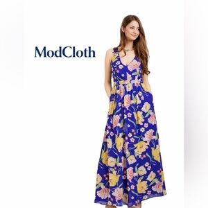 ModCloth “Muster the Length” Floral Maxi Dress Sapphire Blue Yellow Size Small